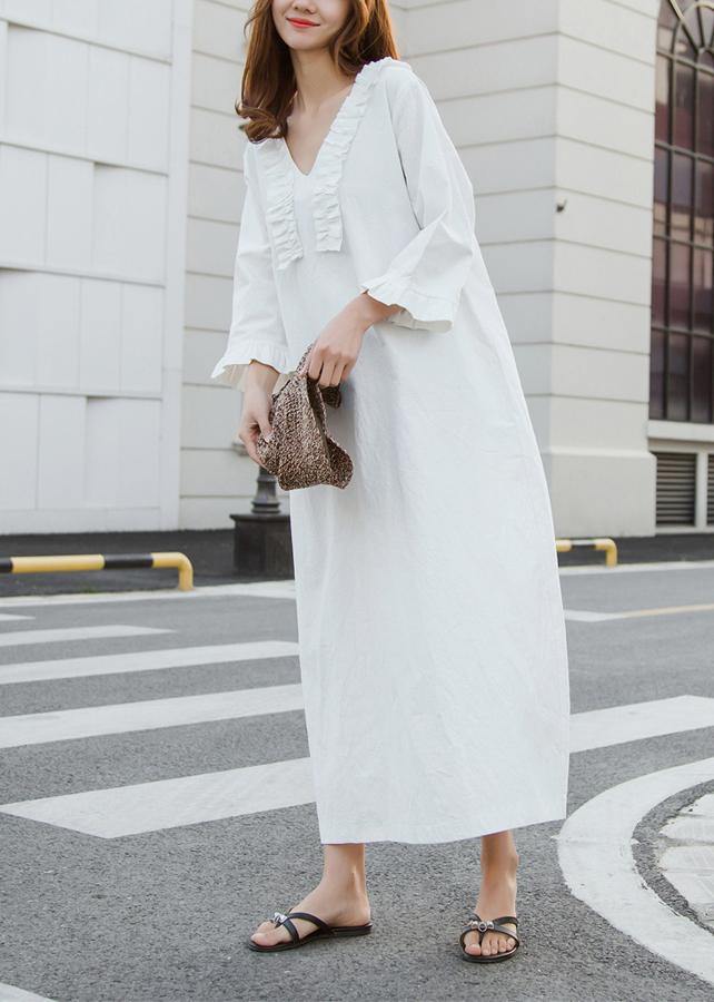 White Cotton Dress Long Ruffles Traveling Dresses