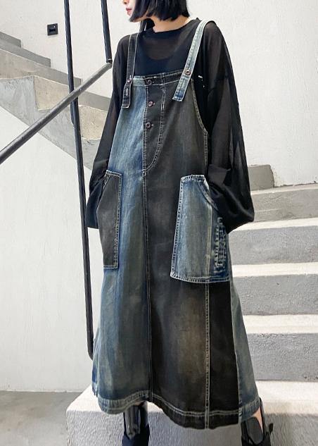 100% Denim Black Cotton Quilting Clothes Sleeveless Pockets Maxi Dresses