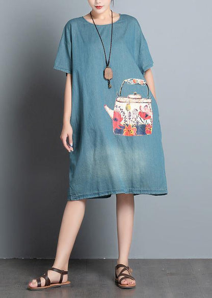 100% Denim Blue Print Dresses O Neck Pockets a Line Summer Dress