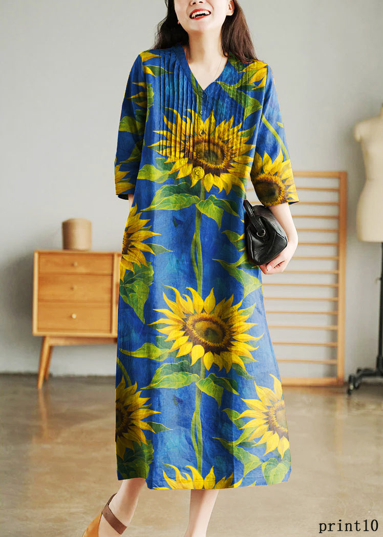 Orange Loose Linen Long Dresses Button Half Sleeve