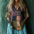 Vintage Tribal Patchwork Art Cotton Linen Shirt artswardrobe