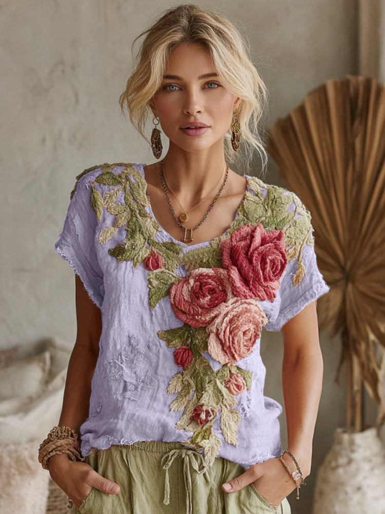 Women's Vintage Floral Art Linen Crew Neck Short Sleeve T-shirt artswardrobe