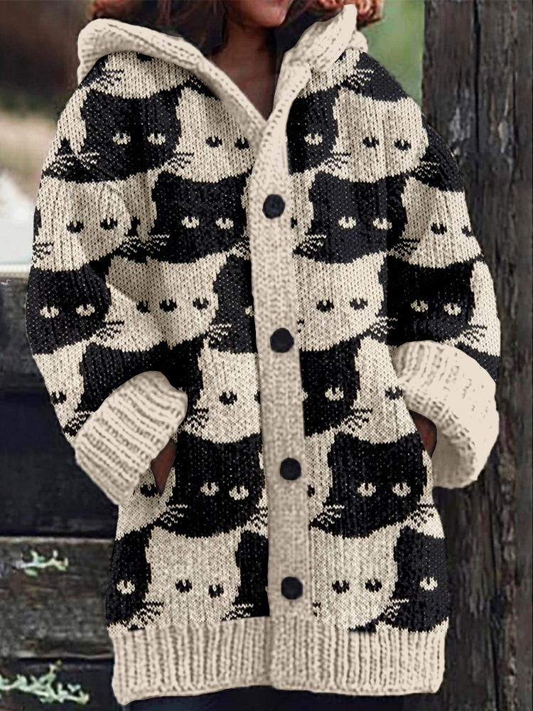 Comstylish Lovely Cats Knit Art Cozy Hooded Cardigan