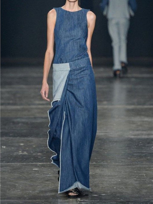 Plain Spliced Sleeveless Maxi Denim Dress