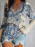 Women's Casual Vintage Floral Art Print V Neck Long Sleeve Tops
