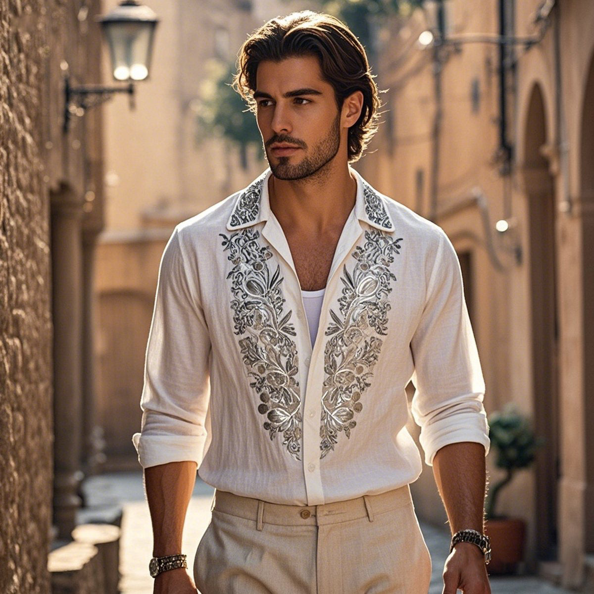 Men's Bohemian Embroidered Linen Long Sleeve Shirt artswardrobe