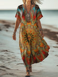 Women's Retro Mandala Art Print V Neck Pocket Cotton Dress