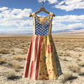 Women's Independence Day Flag Floral Cotton And Linen Dress artswardrobe