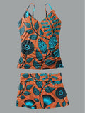 V-Neck Vintage Flowers Print Suspender Skirt Tankini Pantskirt Set Swimsuit