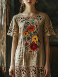 Vintage Lace Floral Embroidery Women's Linen Dress artswardrobe
