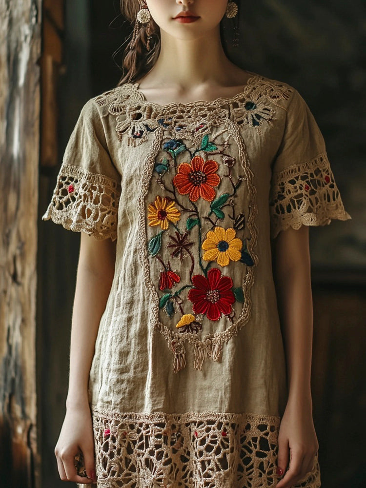 Vintage Lace Floral Embroidery Women's Linen Dress artswardrobe