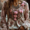Comstylish Ladies' Pink Floral Vintage Casual Round-neck White Long-sleeved Top