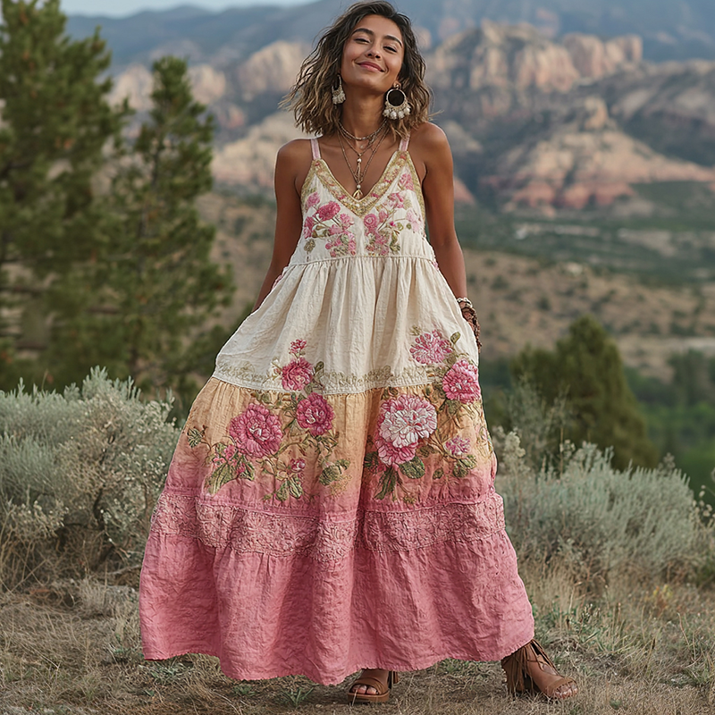 Pink Flowers Embroidered Vintage Linen Suspender Long Skirt artswardrobe