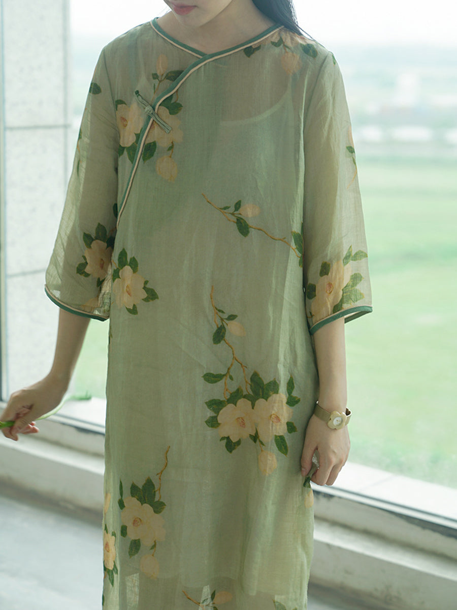 Artsy Flower Print Button Linen Robe Dress