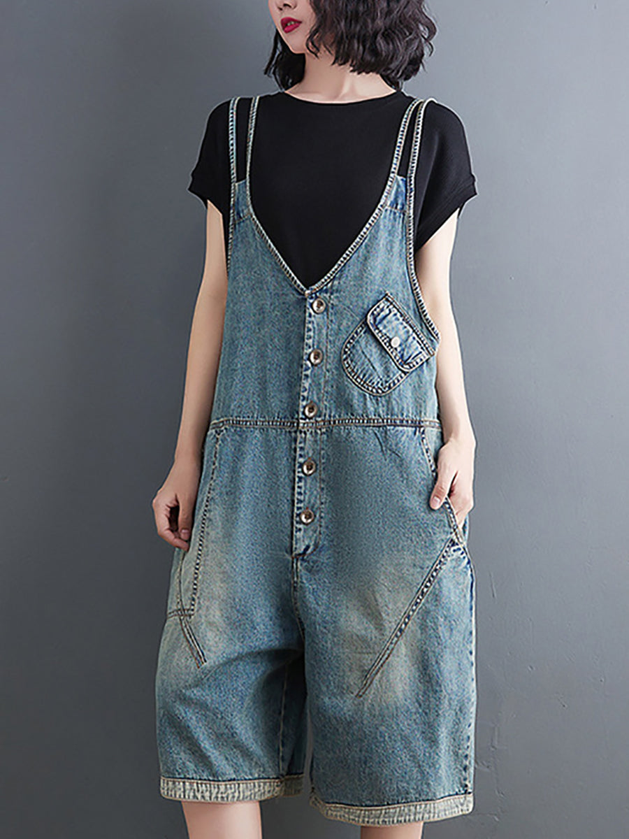Washed Pocket V-neck Denim Jumpsuits