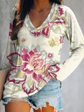 Women's Floral Art Print V-Neck Long Sleeve Top