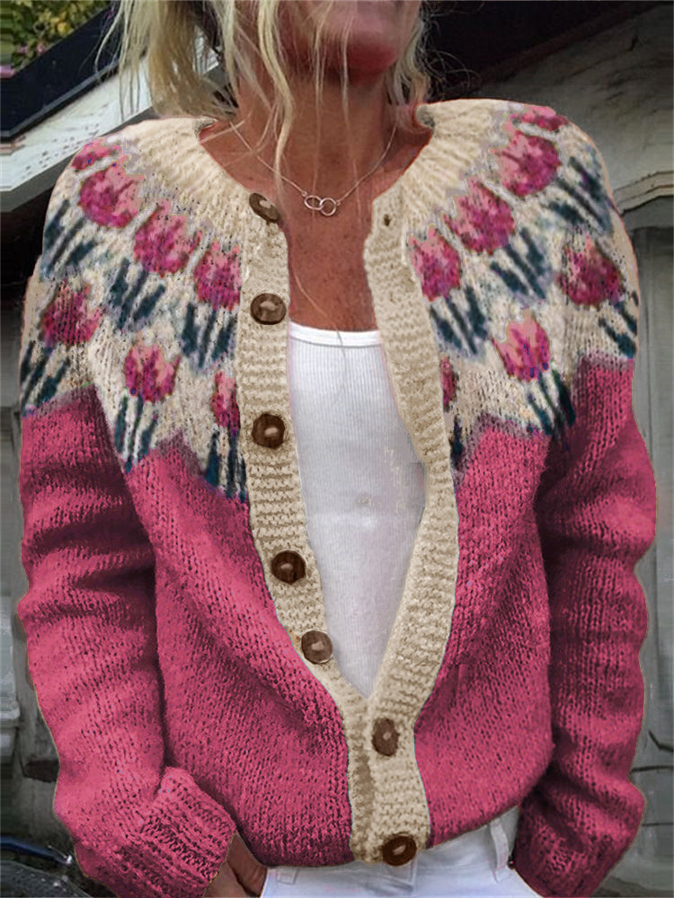 Pink Tulips Yoke Pattern Cozy Knit Isle Cardigan elevenforest