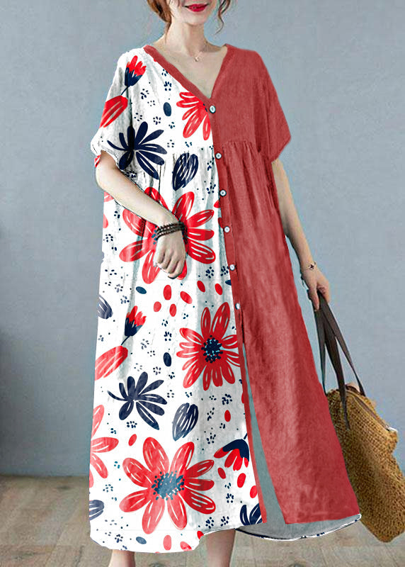Red Flower Retro Button Summer Print Half Sleeve Maxi Dress