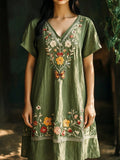 Boho Botanical Floral Embroidery Women's Linen Dress artswardrobe