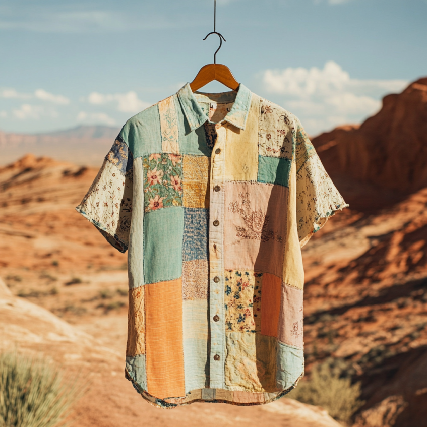 Men's Retro Floral Patchwork Contrast Color Linen Shirt artswardrobe