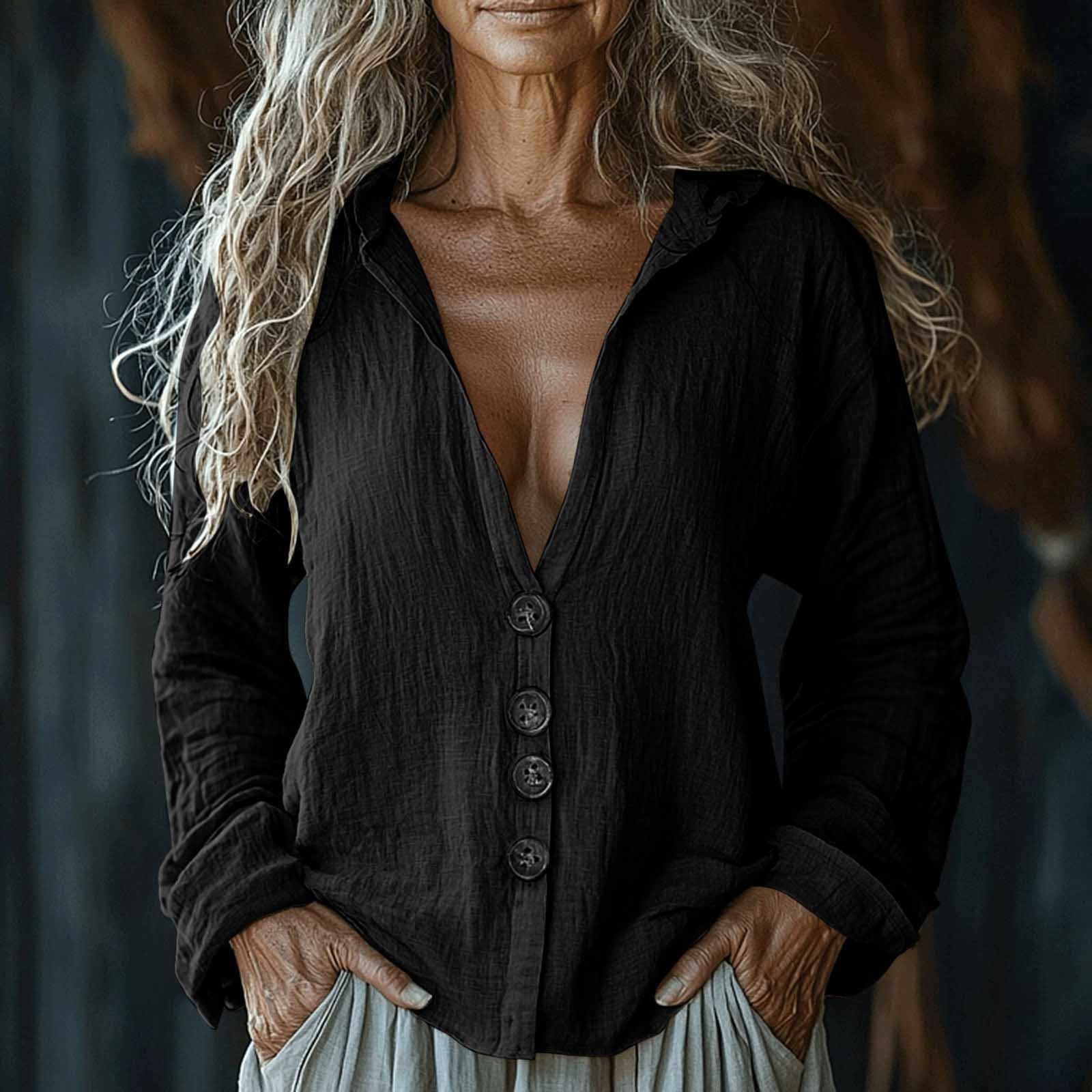 Women's Vintage Solid Color V-neck Linen Shirt artswardrobe