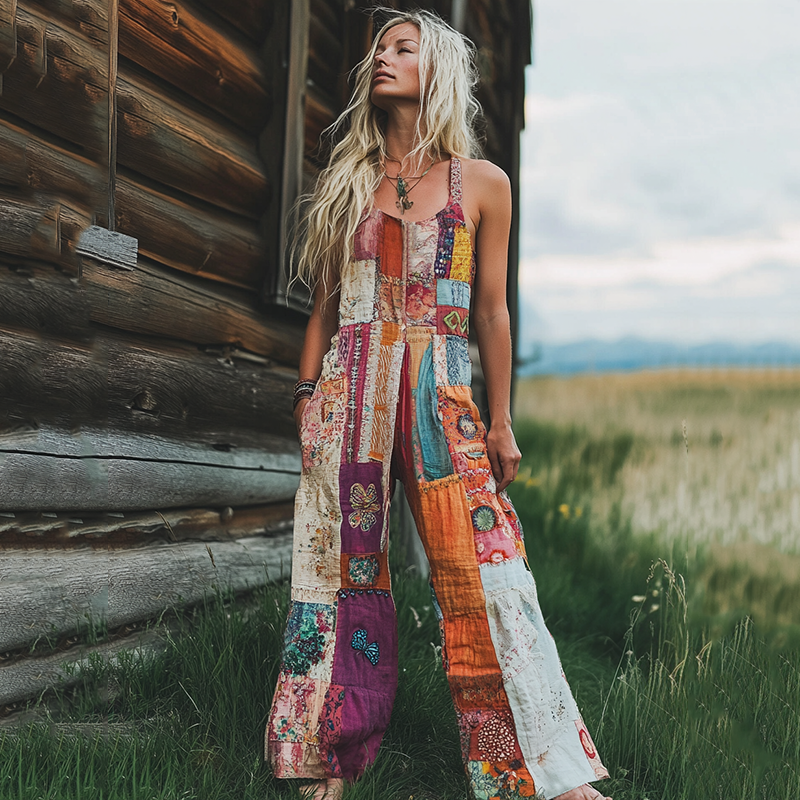Women's Pink Floral Patchwork Linen Print Cotton Linen Jumpsuit artswardrobe