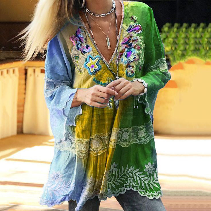 Vintage Boho Purple Floral Embroidered  Color Block Patchwork Linen V-neck Tunic artswardrobe