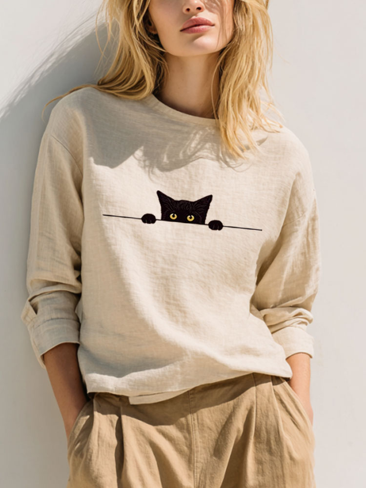 Comstylish Women's Casual Funny Black Cat Print T-shirt