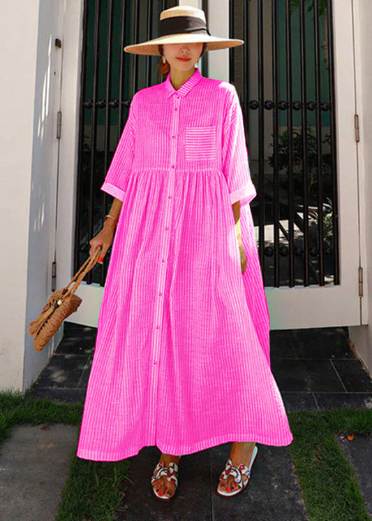 Rose Peter Pan Collar Striped Button Pockets Wrinkled Long Dresses Half Sleeve