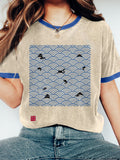 Japanese Ocean Waves & Cats Art Washed T Shirt elevenforest
