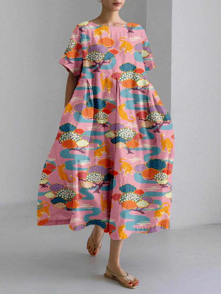 Edo Safari in Pink Japanese Art Linen Blend Maxi Dress