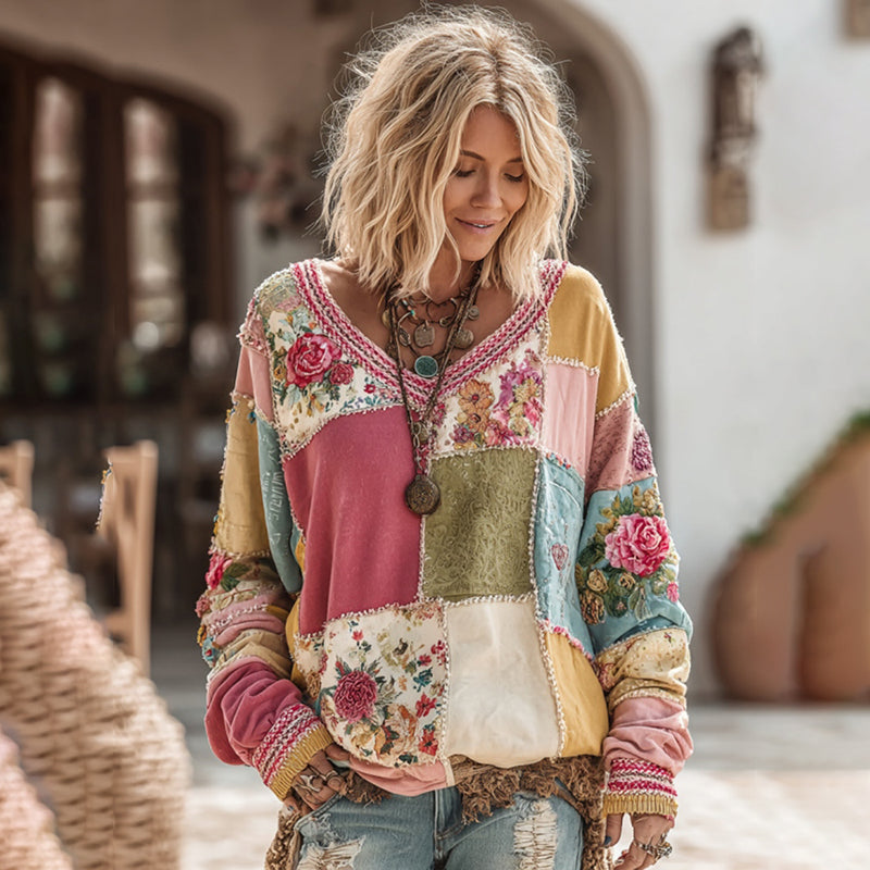 Women's Vintage Rose Floral Patchwork Art Cozy Warm Sweatshirt