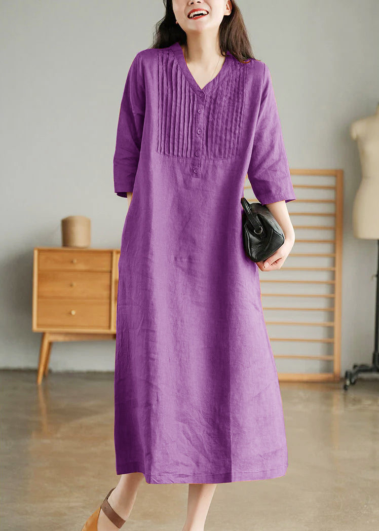 Grey Print7 Loose Linen Long Dresses Button Half Sleeve