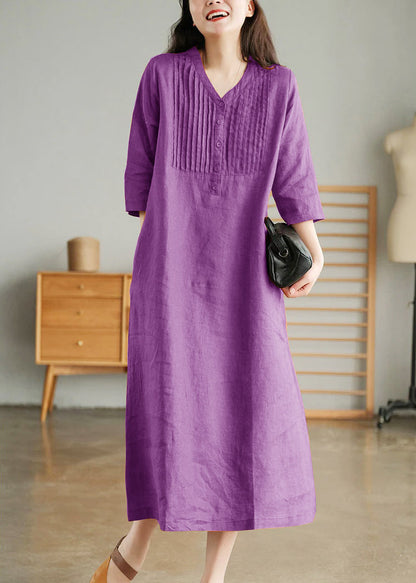 Purple Loose Linen Long Dresses Button Half Sleeve