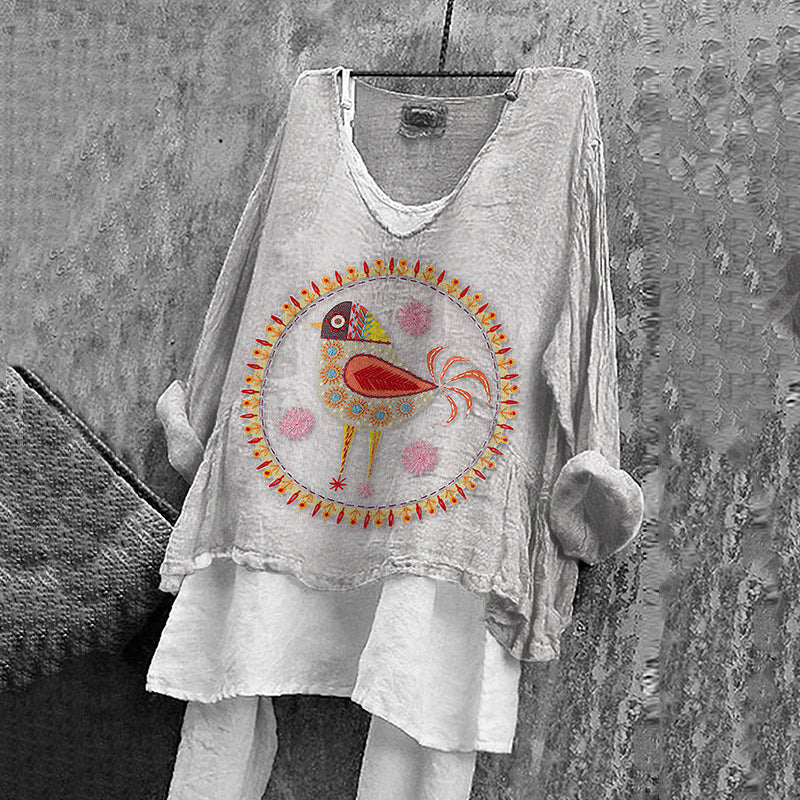 Women's Floral And Bird Art Print Cotton And Linen Shirt artswardrobe