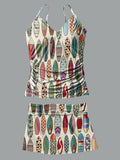V-Neck Vacation Summer Multicolor Surfboard Art Print Suspender Skirt Tankini Pantskirt Set Swimsuit