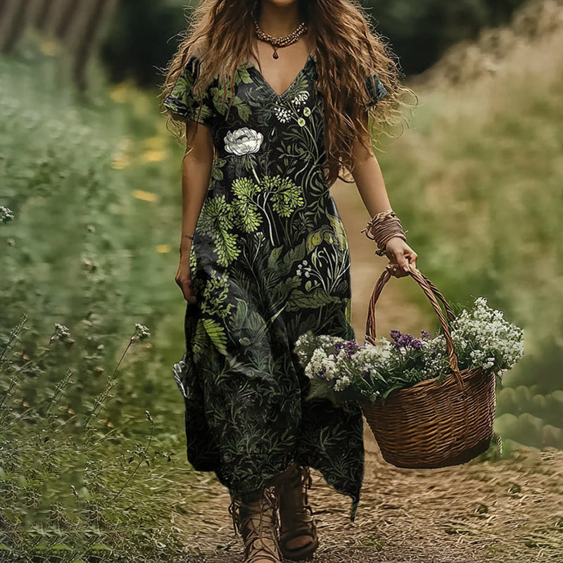 Women's Vintage Floral Print V-neck Loose Midi Dress artswardrobe