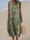 Vintage Floral Art Linen And Cotton V Neck Tank Dress artswardrobe