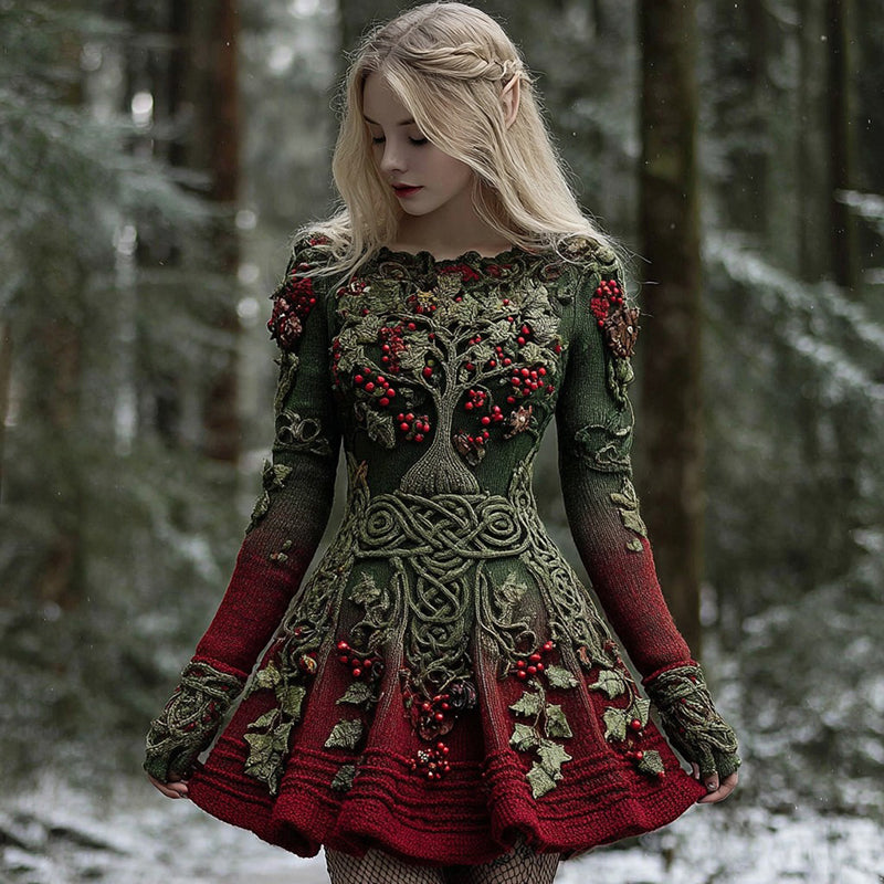 Comstylish Women's Christmas Holly Leaves Life Of Tree Gradient Celtic Knitted Midi Dress