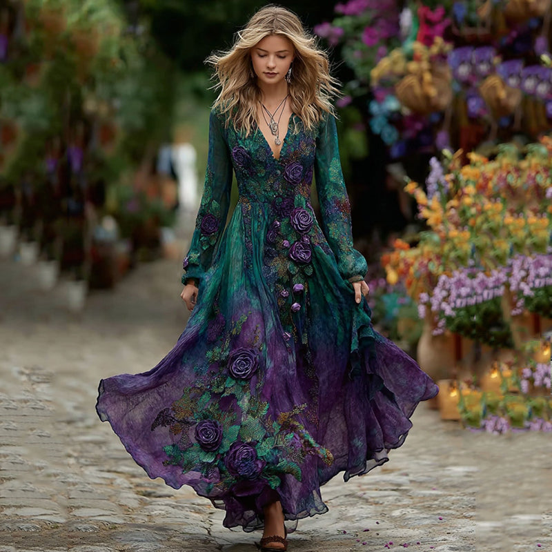 Women's Vintage Purple Rose Gradient Art Long Sleeve Dress artswardrobe