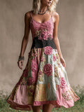 Vintage Pink Roses Cottage Floral Patchwork Linen Dress artswardrobe
