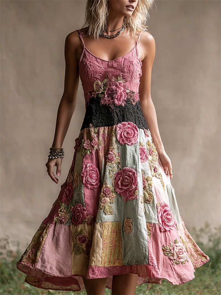 Vintage Pink Roses Cottage Floral Patchwork Linen Dress artswardrobe