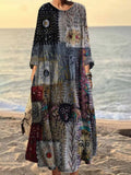 Comstylish Vintage Stitching Geometric Pattern Women's Linen Maxi Dress
