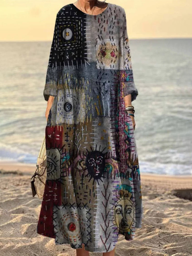 Comstylish Vintage Stitching Geometric Pattern Women's Linen Maxi Dress