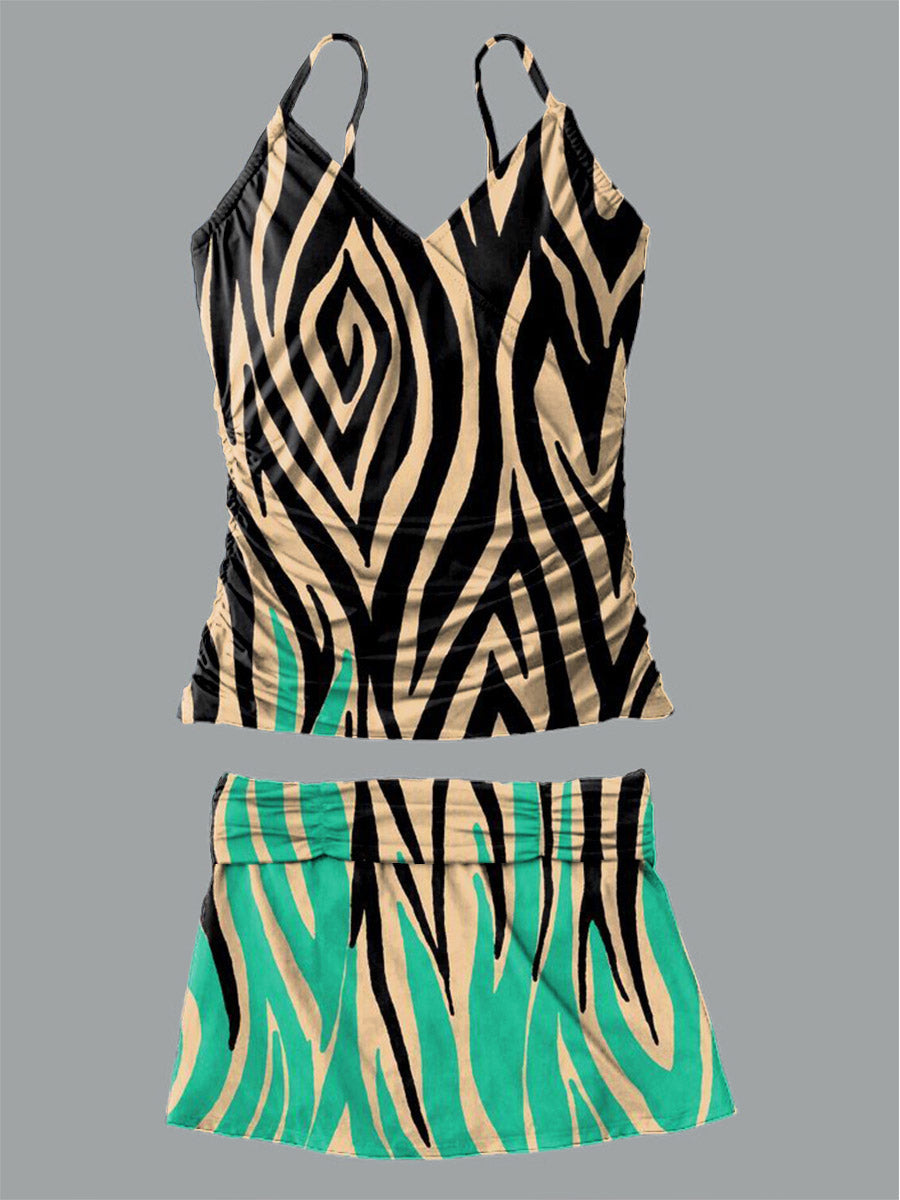 Women's Line Art V-Neck Print Suspender Skirt Tankini Pantskirt Set Swimsuit