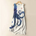 Comstylish Vintage Japanese Octopus Art Print Sleeveless Cotton And Linen Midi Dress