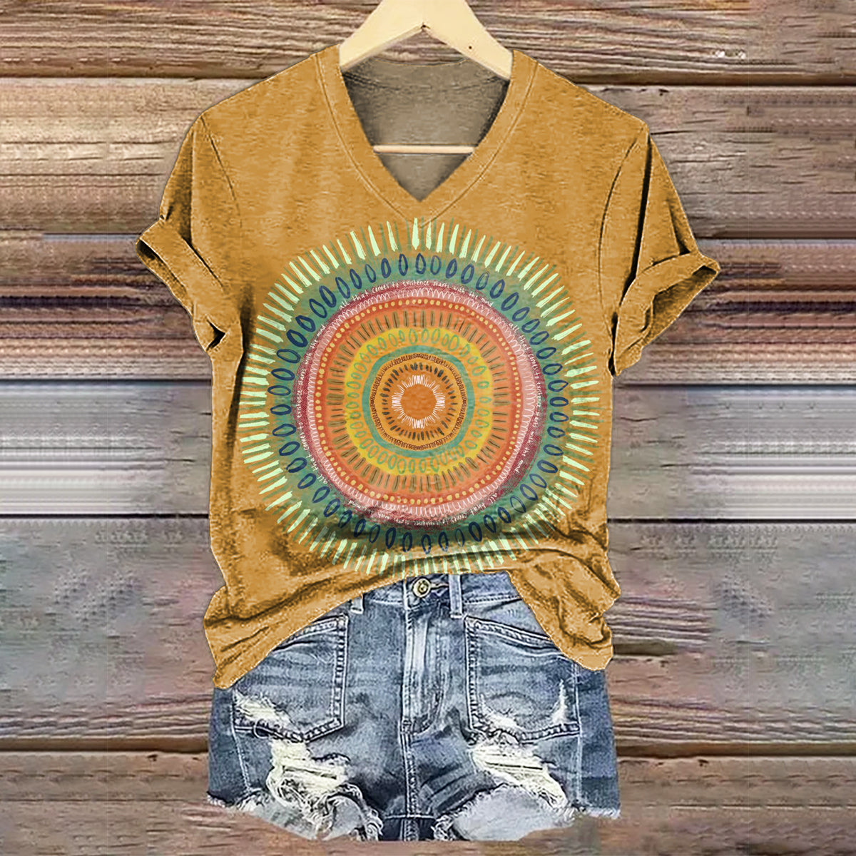 Women's Colorful Mandala Pattern Art Print V-Neck Casual T-Shirt