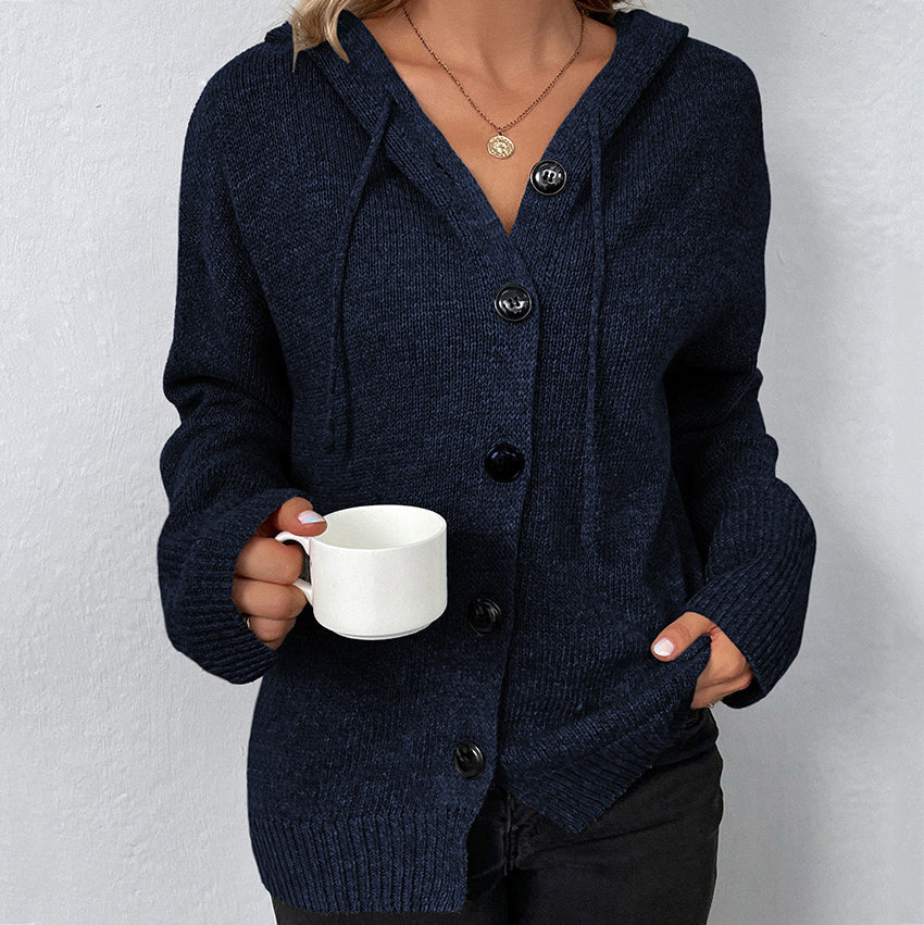 Solid Color Single Breasted Hooded Drawstring Sweater Cardigan elevenforest