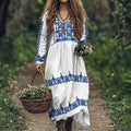 Cretan Pattern V-neck Loose Linen Blend Midi Dress artswardrobe