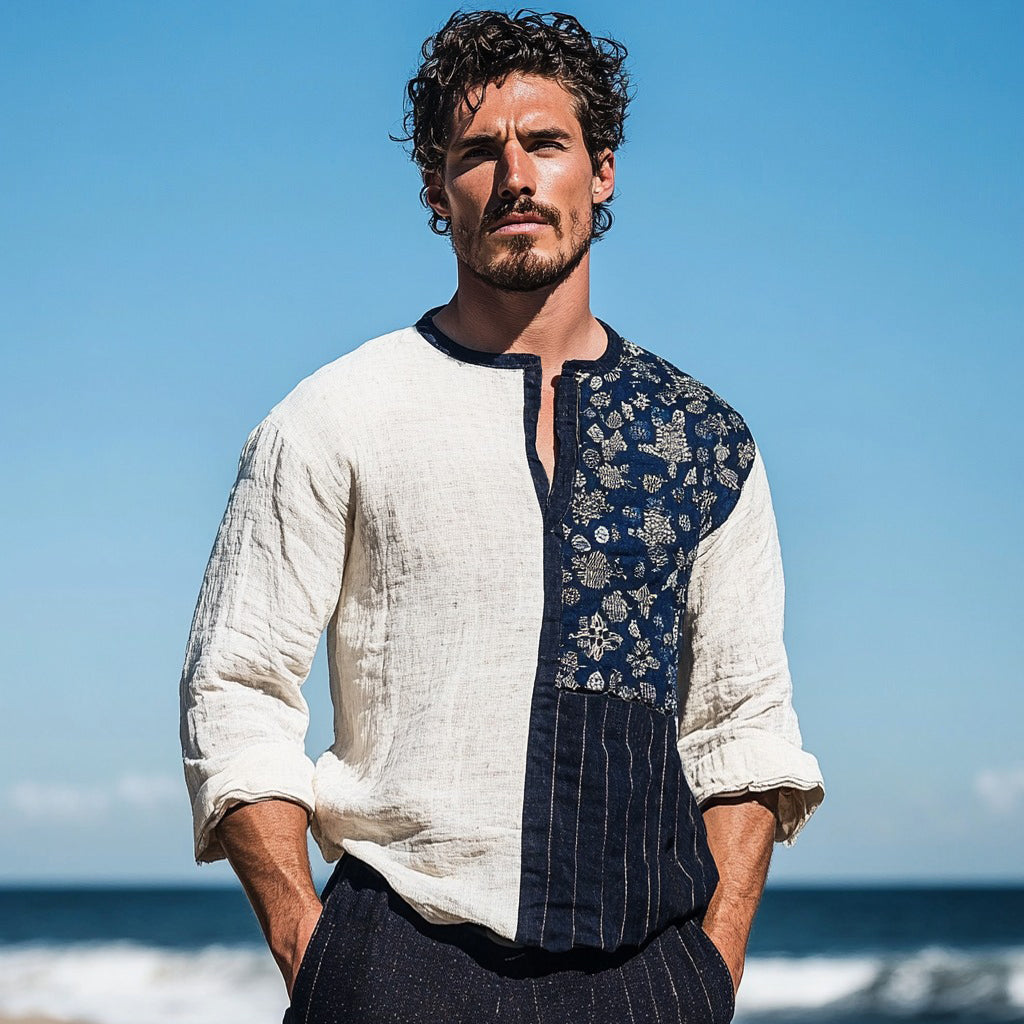 Men's Vintage Sashiko Patchwork Japanese Art Linen V-neck Shirt artswardrobe